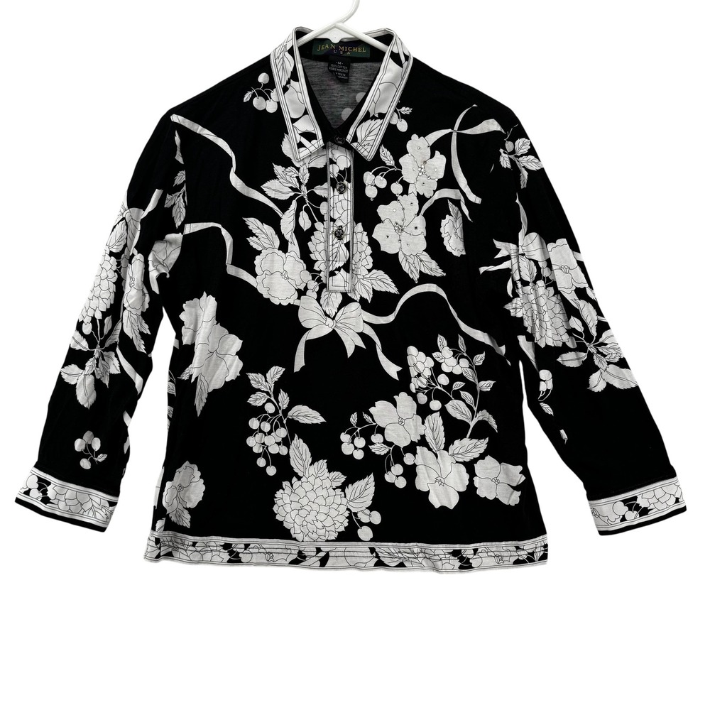 Jean Michel Womens Medium Floral Rhinestone Polo Shirt Black White Long Sleeve